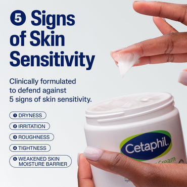 Cetaphil Moisturising Cream 550g jar with 5 signs of skin sensitivity callout