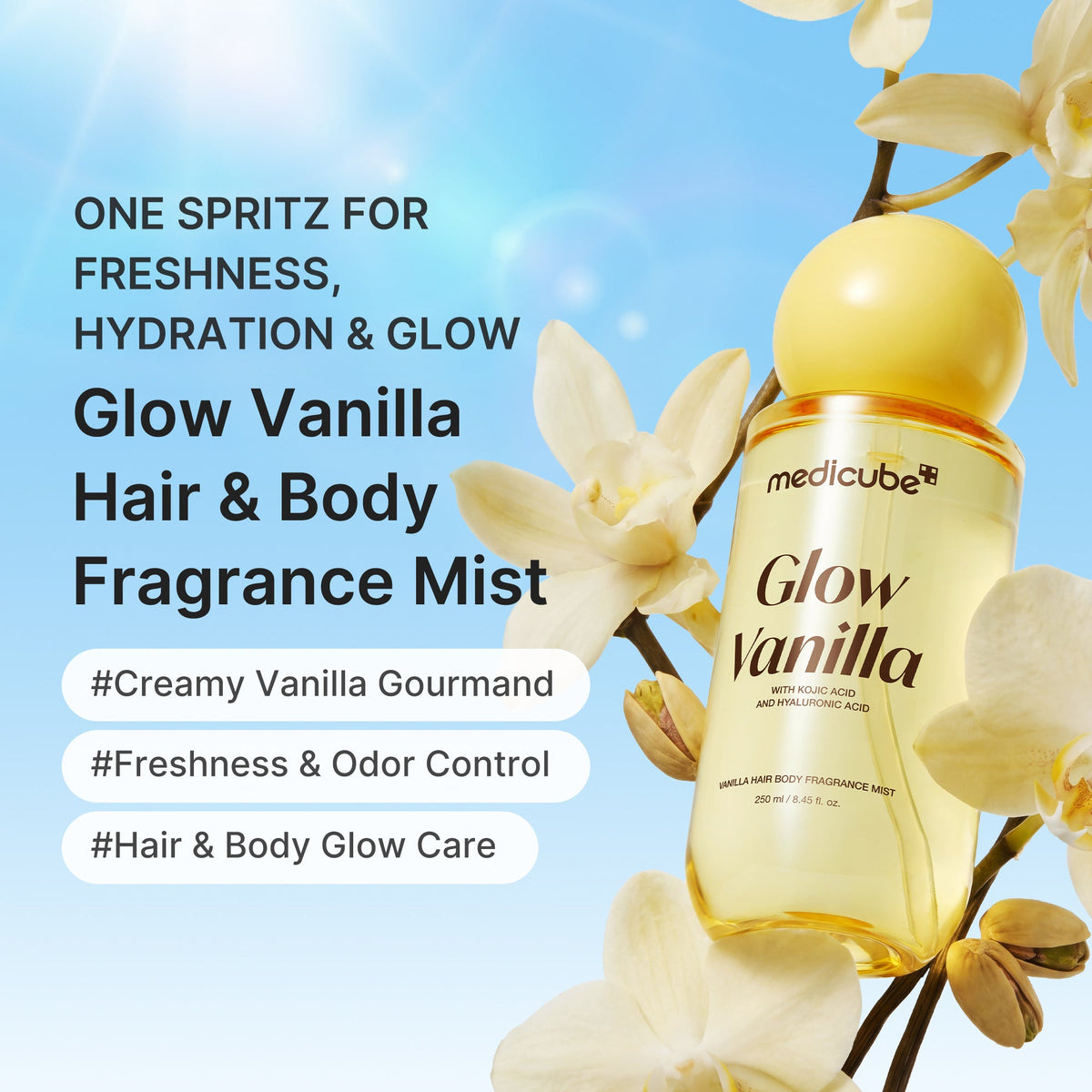 Medicube Glow Vanilla Hair & Body Fragrance Mist spray application