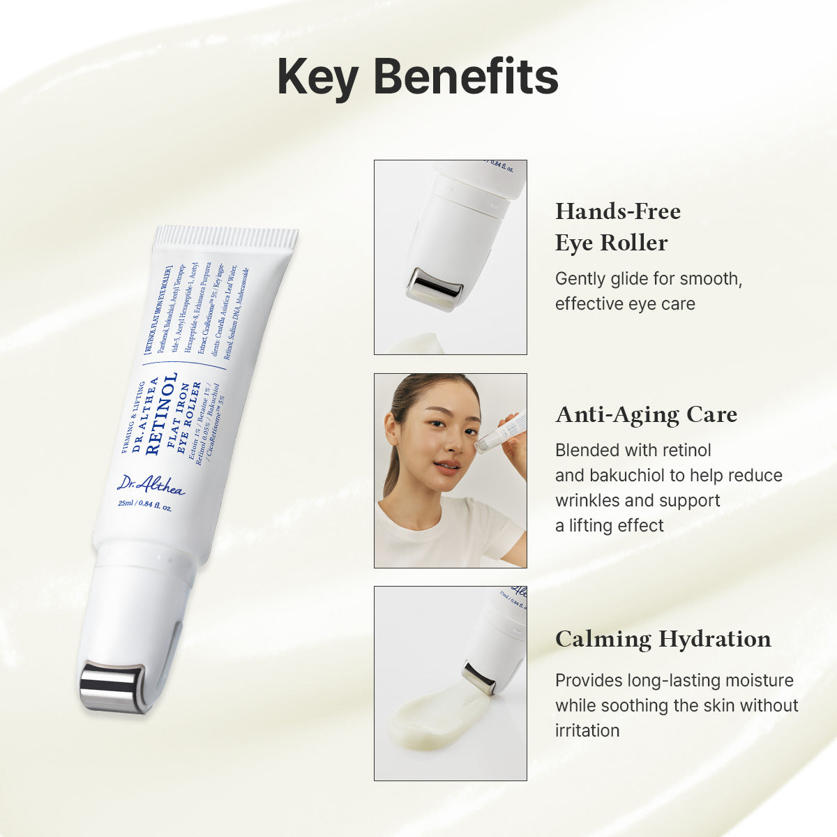 Dr. Althea Retinol Flat Iron Eye Roller being applied under the eye