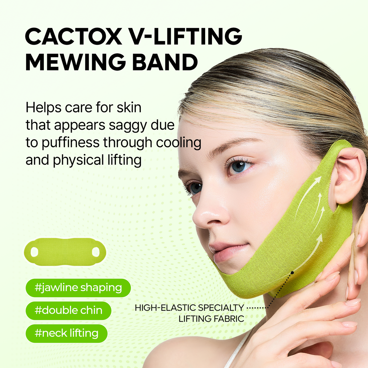 Dr.Melaxin Cactox Cooling V-UP Mask sheet applied to jawline