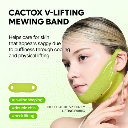 Dr.Melaxin Cactox Cooling V-UP Mask sheet applied to jawline