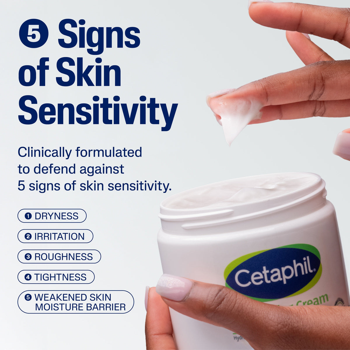 Cetaphil Moisturising Cream 550g jar with 5 signs of skin sensitivity callout