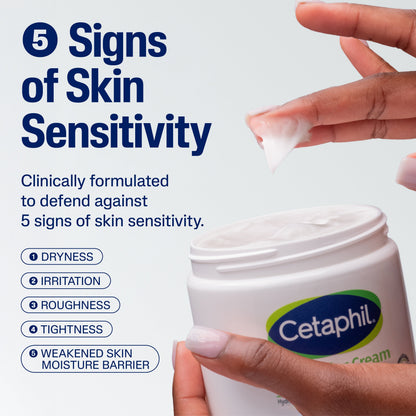 Cetaphil Moisturising Cream 550g jar with 5 signs of skin sensitivity callout