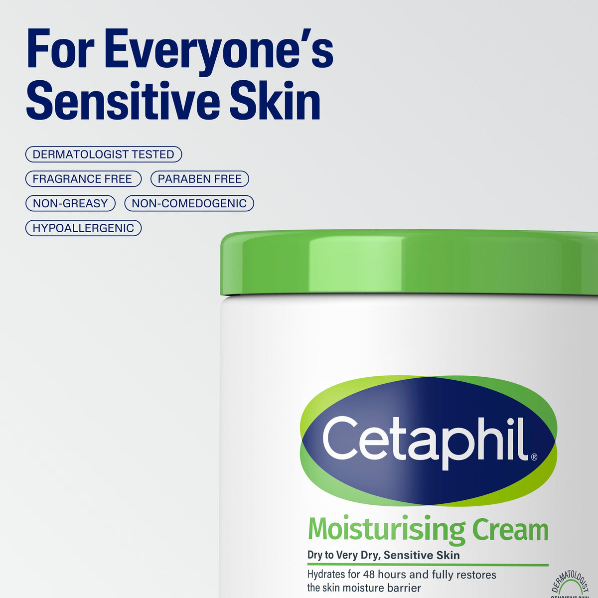 Cetaphil Moisturising Cream 550g jar close-up, fragrance-free and dermatologist tested