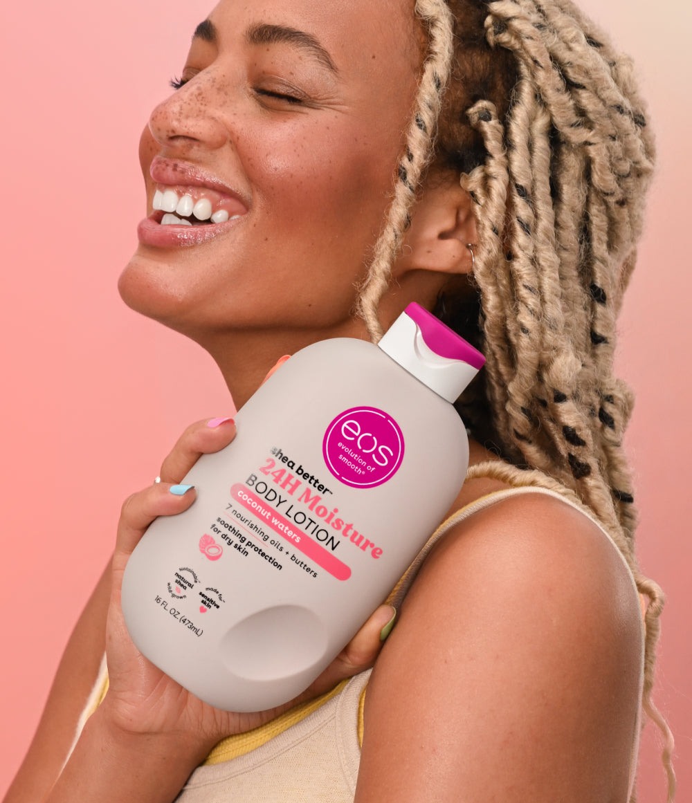 EOS Shea Better Body Lotion Coconut Waters bottle with model