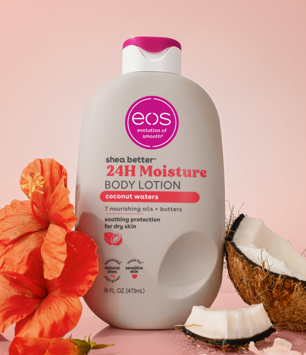 EOS Shea Better Body Lotion Coconut Waters bottle with fragrance notes
