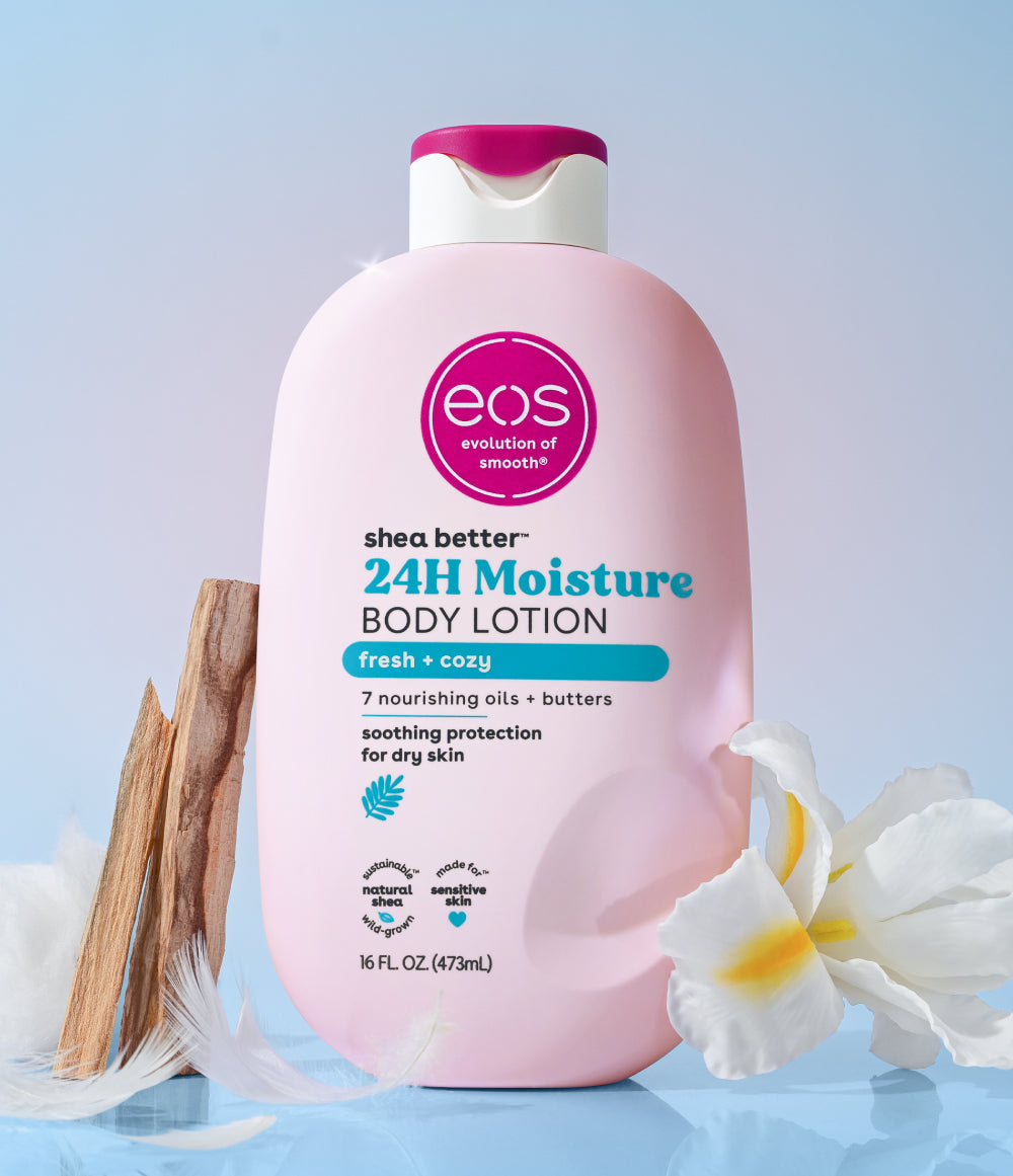 EOS Shea Better Body Lotion Fresh & Cozy bottle with fragrance notes
