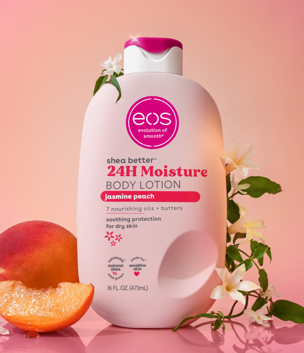 EOS Shea Better Body Lotion Jasmine Peach bottle with fragrance notes