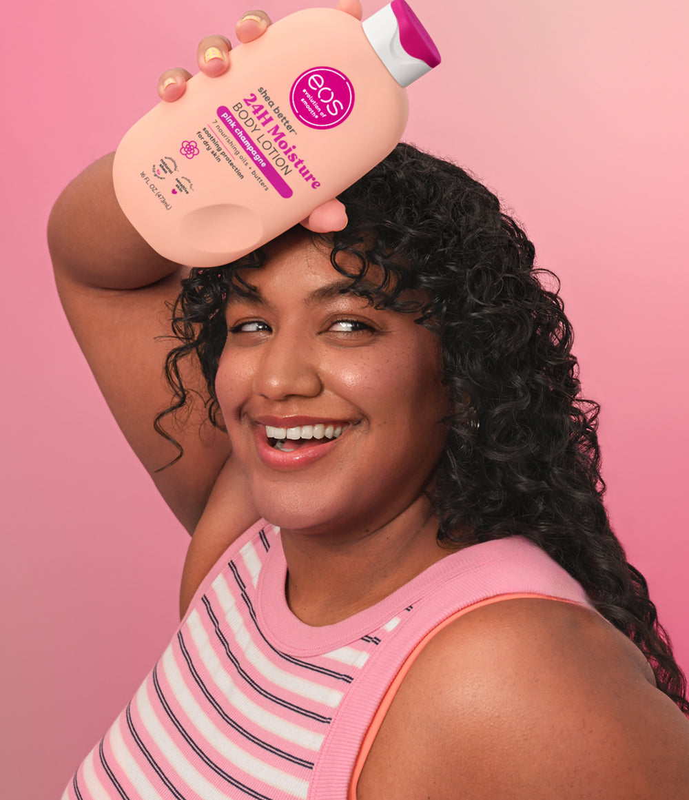 EOS Shea Better Body Lotion Pink Champagne bottle with model
