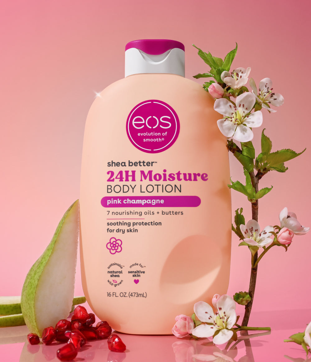 EOS Shea Better Body Lotion Pink Champagne bottle with fragrance notes