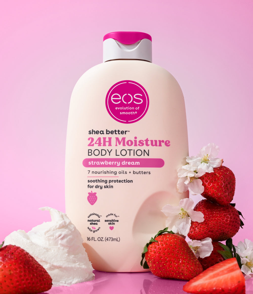 EOS Shea Better Body Lotion Strawberry Dream bottle with fragrance notes