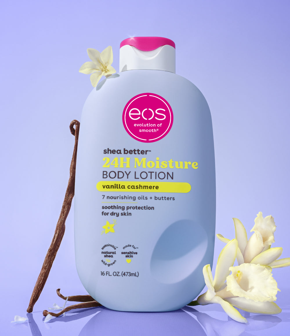 EOS Shea Better Body Lotion Vanilla Cashmere bottle with fragrance notes