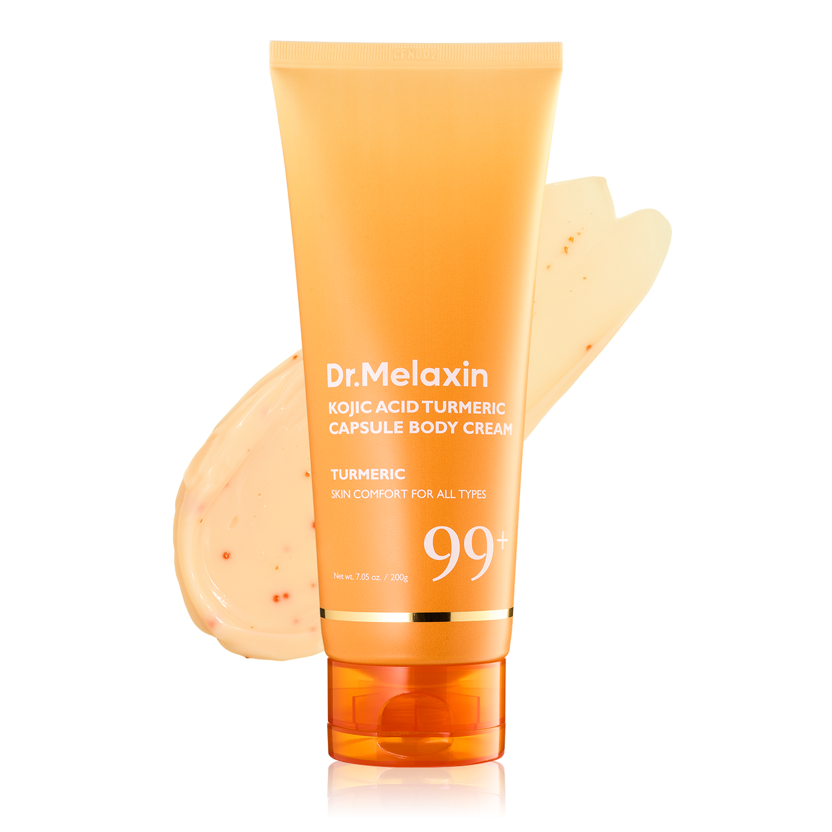 Dr.Melaxin Kojic Acid Turmeric Capsule Body Cream 200g tube with cream swatch