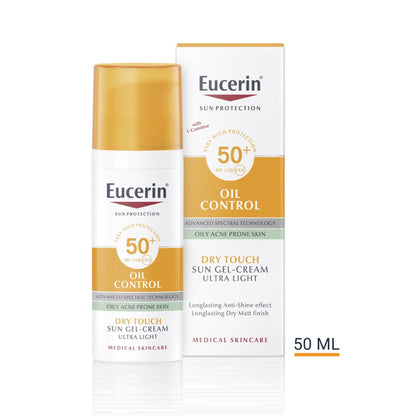 Eucerin Oil Control Dry Touch Sun Gel-Cream Ultra Light SPF50+ bottle and box, 50ml