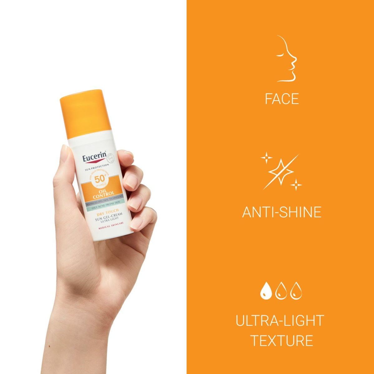 Eucerin Oil Control Dry Touch Sun Gel-Cream Ultra Light SPF50+ held in hand