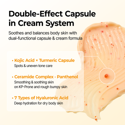 Dr.Melaxin Kojic Acid Turmeric Capsule Body Cream capsule texture and key ingredients