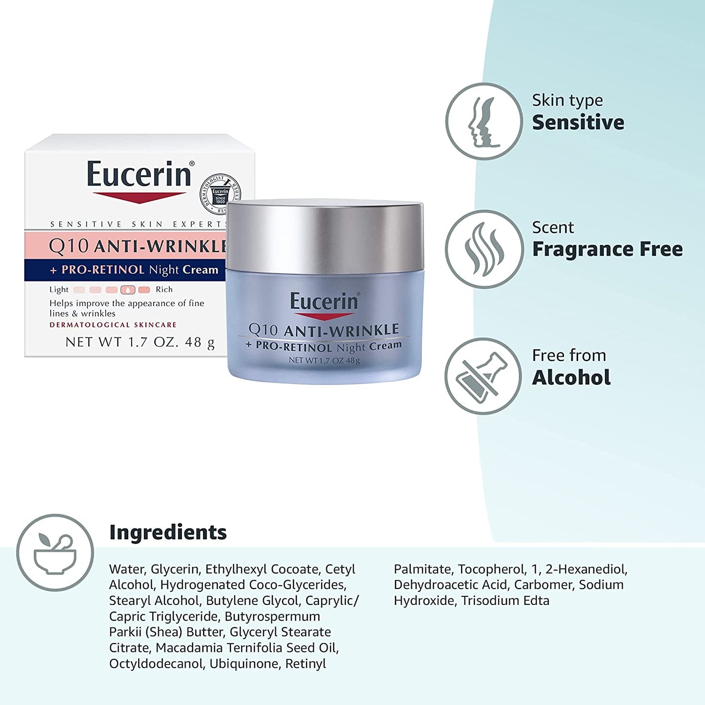 Eucerin, Q10 Anti-Wrinkle + Pro-Retinol Night Cream, 1.7 fl oz (48 g)